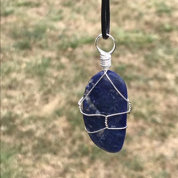Large Sodalite Wire Wrapped Crystal Necklace Handmade - Picture 2 of 4